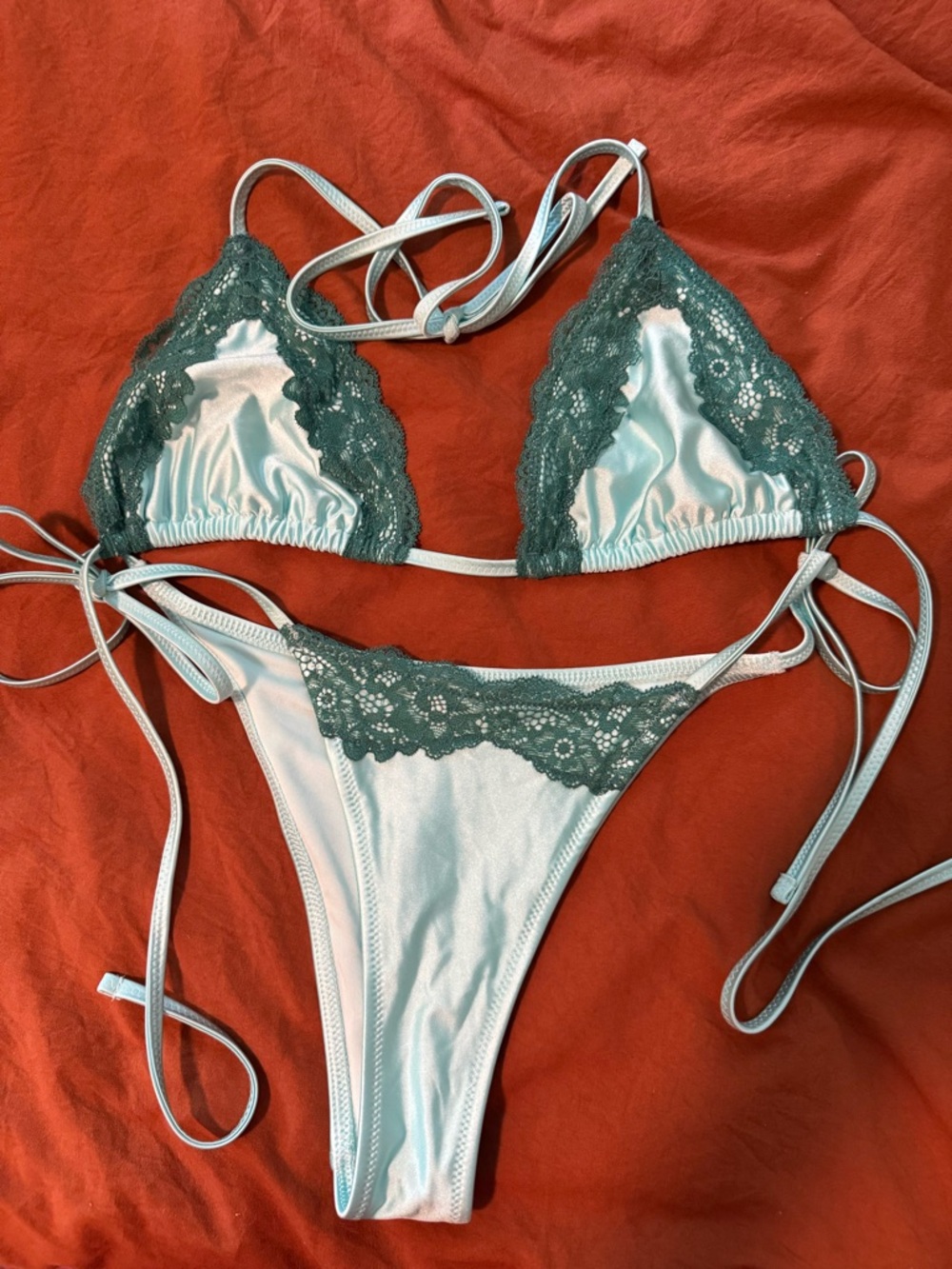 aerie Light Blue Bikini with Green Blue Lace Trim
